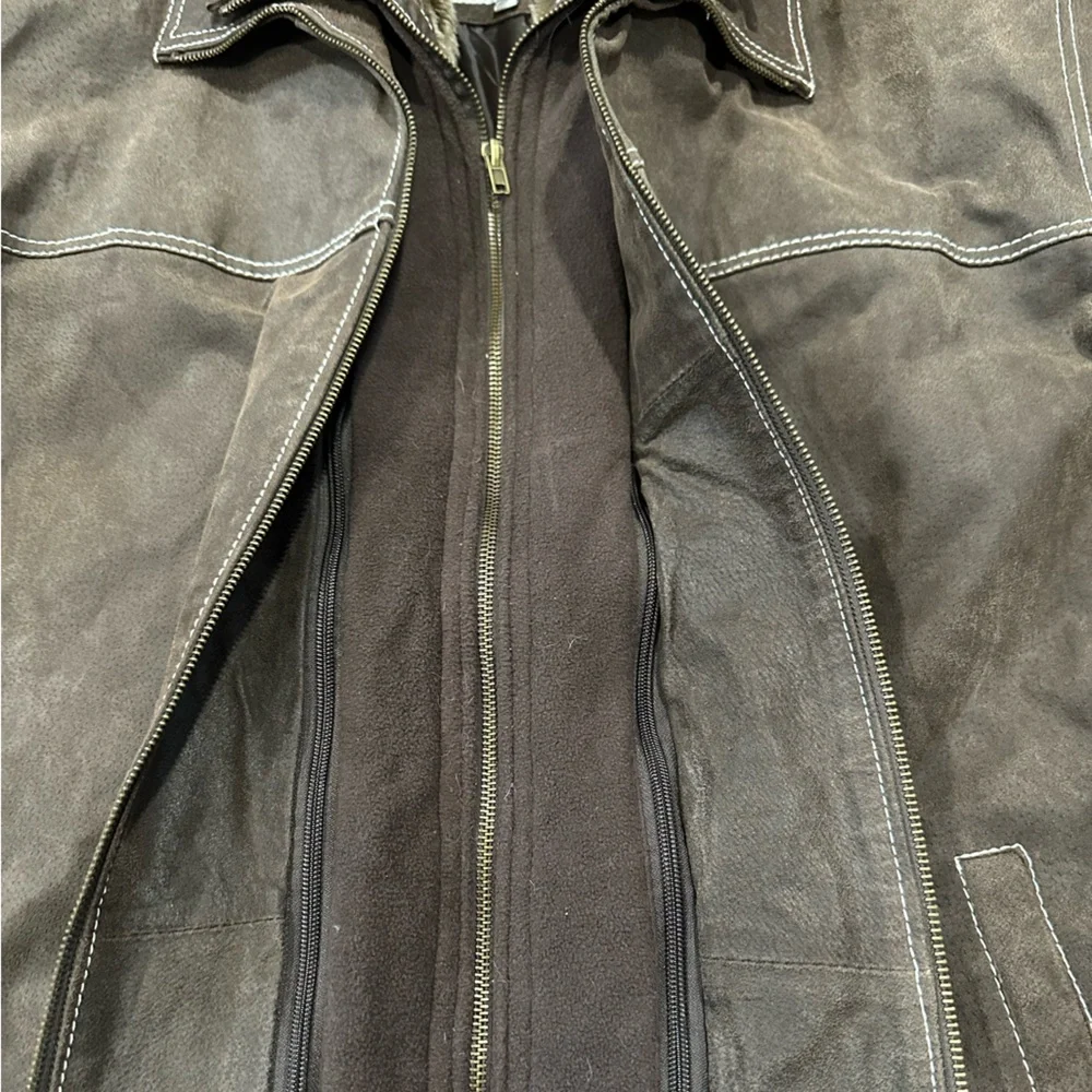 Men’s Vintage Leather Removable Liner with Faux Fur Collar Brown Coat, SZ 3XLT.